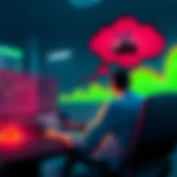 XRP investor dreaming of a Lamborghini A person is sitting at a desk looking at charts of XRP prices, with a thought bubble showing a Lamborghini.