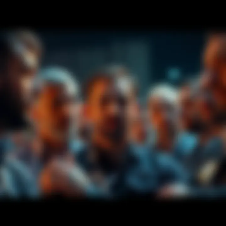Group of investors discussing XRP developments with expressions of concern and determination, showing a mix of disappointment and commitment to their investments.