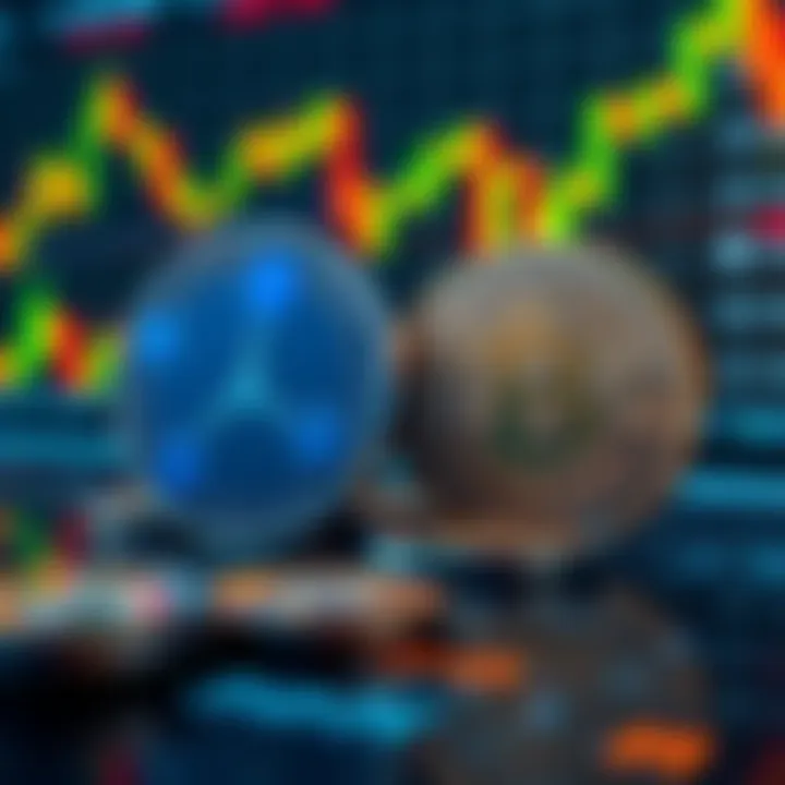 Visual representation of XRP and Solana cryptocurrency coins with a digital background showing financial graphs