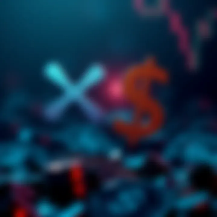 A graphic showing a rising XRP symbol alongside a falling US dollar sign, symbolizing the potential shift in currency value during economic turmoil.