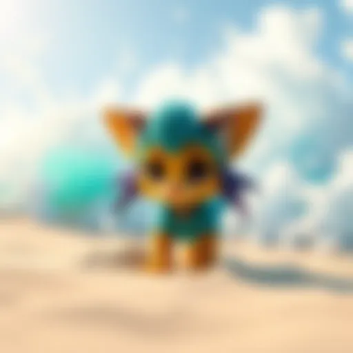 Yakra character making her debut in a colorful beach setting, surrounded by ocean waves and bright sand, showcasing her furry design.