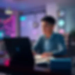 A young investor sitting at a desk looking at a laptop and reviewing tax documents related to small cryptocurrency gains