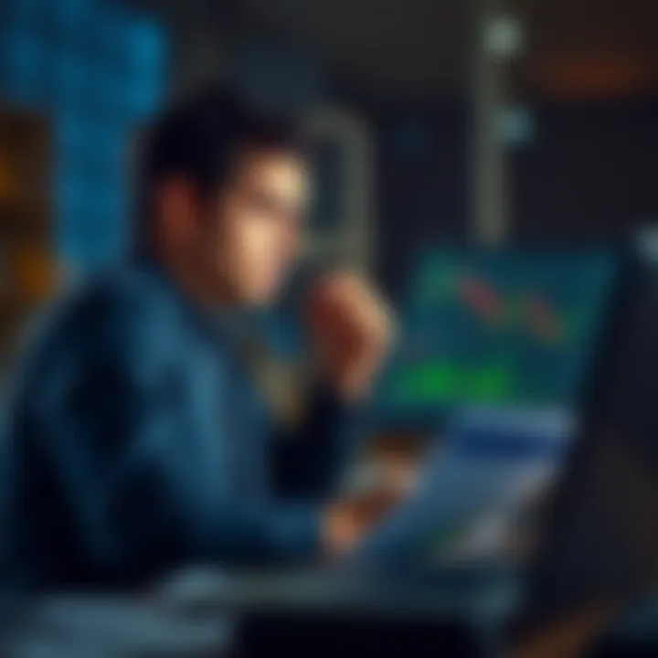 A young man looking at a laptop screen with Bitcoin charts, contemplating taking a loan, surrounded by financial documents, symbolizing investment decisions.