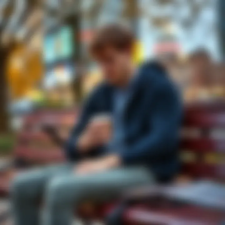 A 23-year-old man sitting on a park bench, looking thoughtfully at his phone while holding a coffee cup, symbolizing the balance between saving and spending, with a city backdrop.