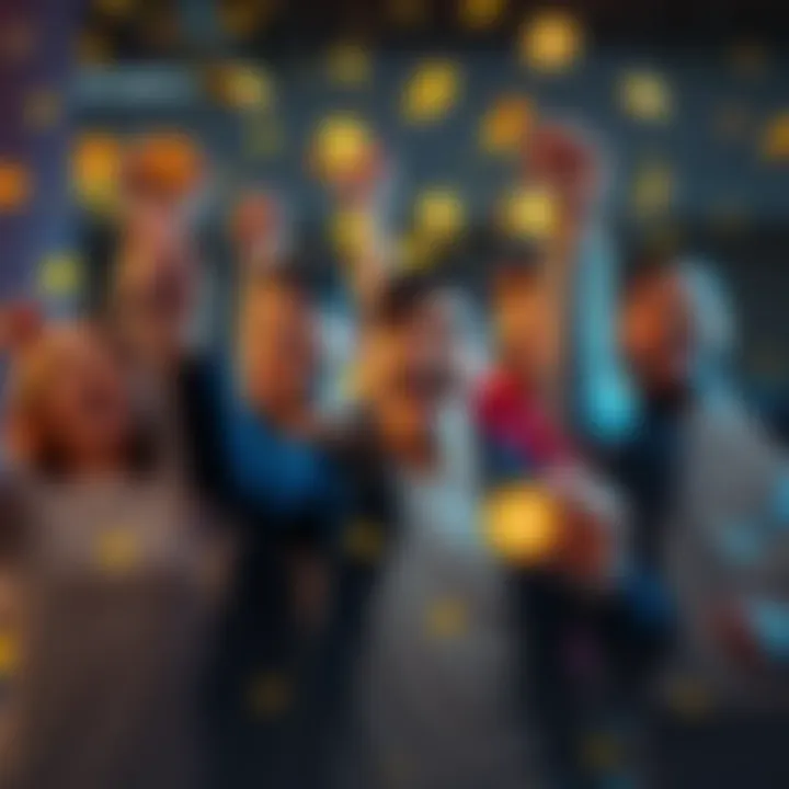 A group of young people celebrating with coins that resemble popular memecoins, showing excitement and wealth.