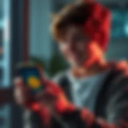 Young person saving Bitcoin A young person smiling while looking at a smartphone displaying Bitcoin savings