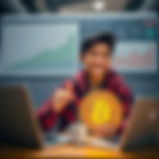 A 20-year-old finance student smiles while holding a Bitcoin symbol, surrounded by charts showing cryptocurrency growth and a laptop with mining software open.
