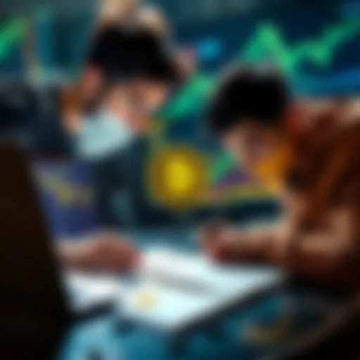 A young person looking at Bitcoin graphs and charts on a laptop while writing notes on cryptocurrency investment strategies.