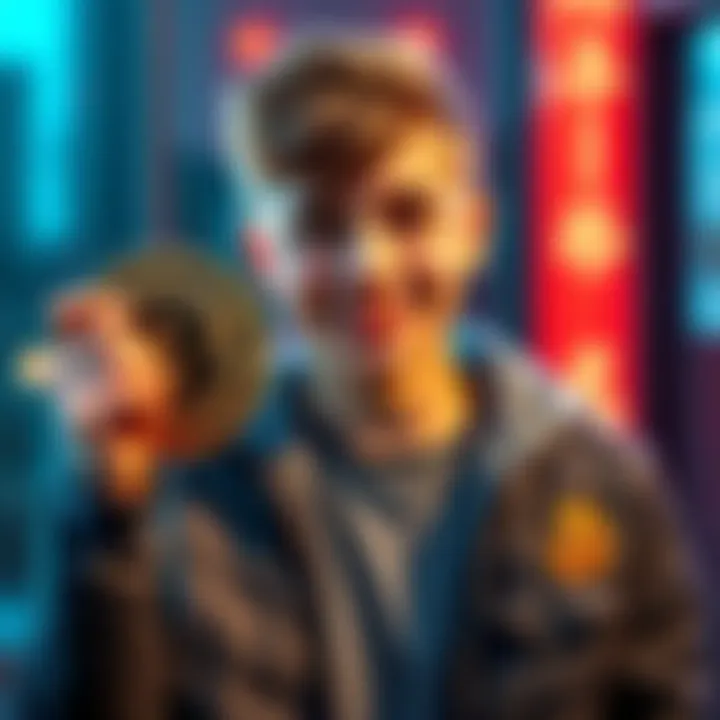 A teenage boy holding a Bitcoin symbol with savings beside him, showing excitement about investing in cryptocurrency.