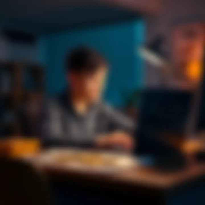 An 18-year-old sits at a desk with a laptop showing Bitcoin graphics, pensively considering their investment decision.