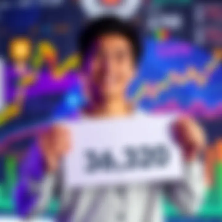 A young investor smiling while holding a sign that says 36,320 Hedera, with a backdrop of a digital cryptocurrency chart showing growth.