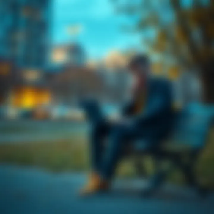 A young man sitting on a bench looking thoughtful with a laptop beside him, symbolizing his struggles in the crypto market and contemplating his future after significant losses.