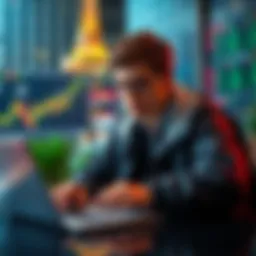 A recent high school graduate, 18 years old, studies charts of Bitcoin and Ethereum alongside stock options on a laptop.