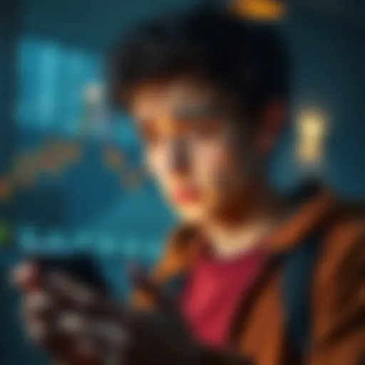 An 18-year-old looking worried while checking Bitcoin prices on his phone, reflecting on his investment decision.