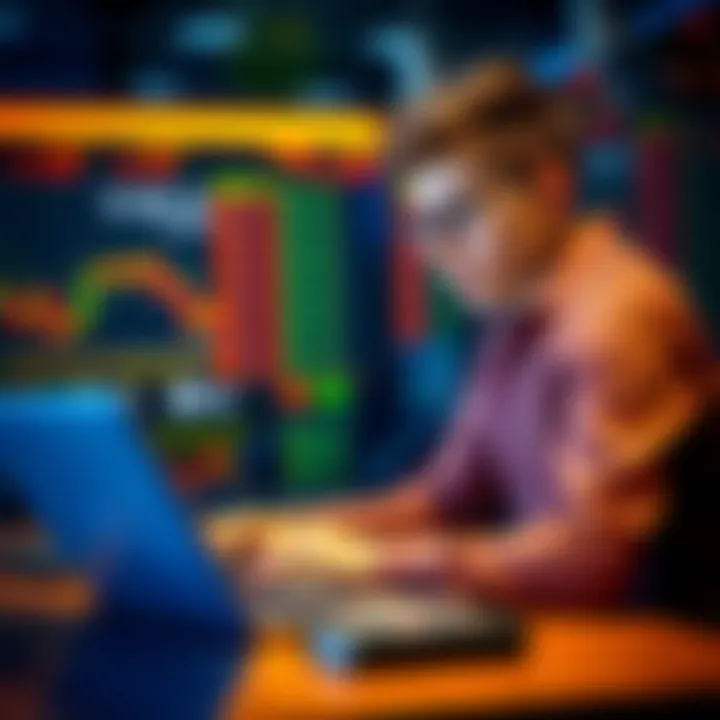 An 18-year-old student sitting at a desk, looking at stock charts on a laptop, contemplating trading decisions.