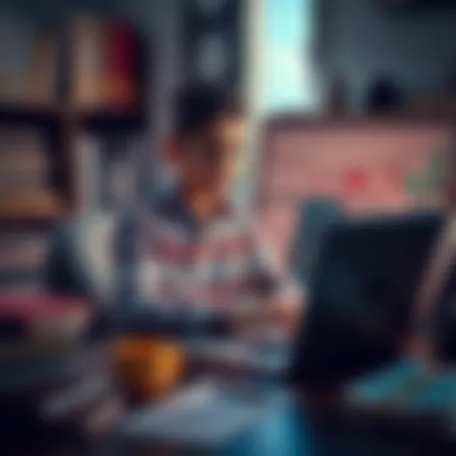 An 18-year-old sitting at a desk filled with trading books and a laptop, looking focused and determined while searching for trading strategies online.