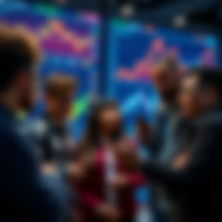 A diverse group of young people discussing cryptocurrency trends with charts and graphs on a screen in the background.