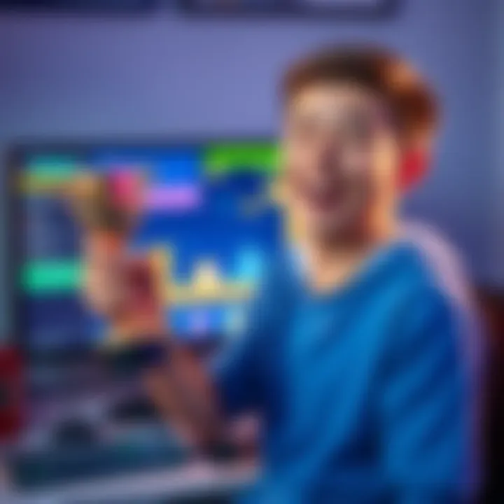 A gamer named Zoink with a joyful expression, holding a trophy in front of a computer screen displaying Geometry Dash gameplay with Verity Squad levels, celebrating his achievement.